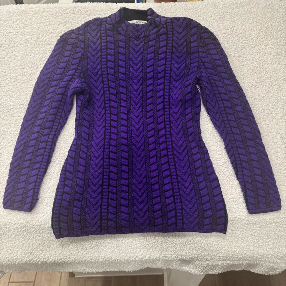 Vintage St. John by Marie Gray Purple and Black Knit Sweater Size Medium Vtg